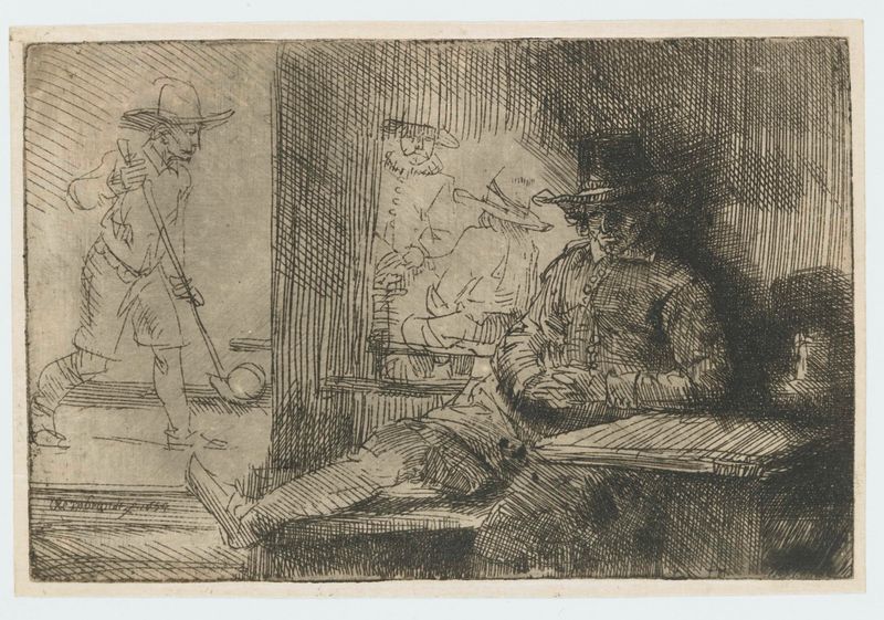 Gravura de Rembrandt van Rijn mostrando um jogador de ringball em uma estalagem