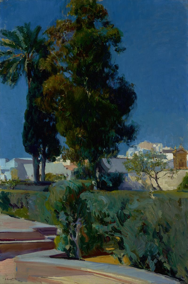 Oil painting by Joaquín Sorolla of a woman in a garden with flowers and sunlight.
