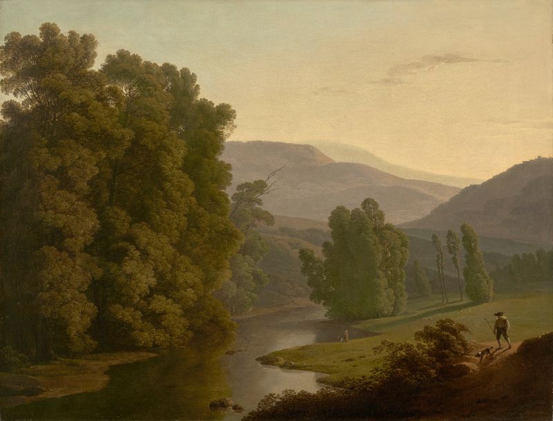 Landscape with figures by a river and mountains, oil painting by Hendrik Voogd