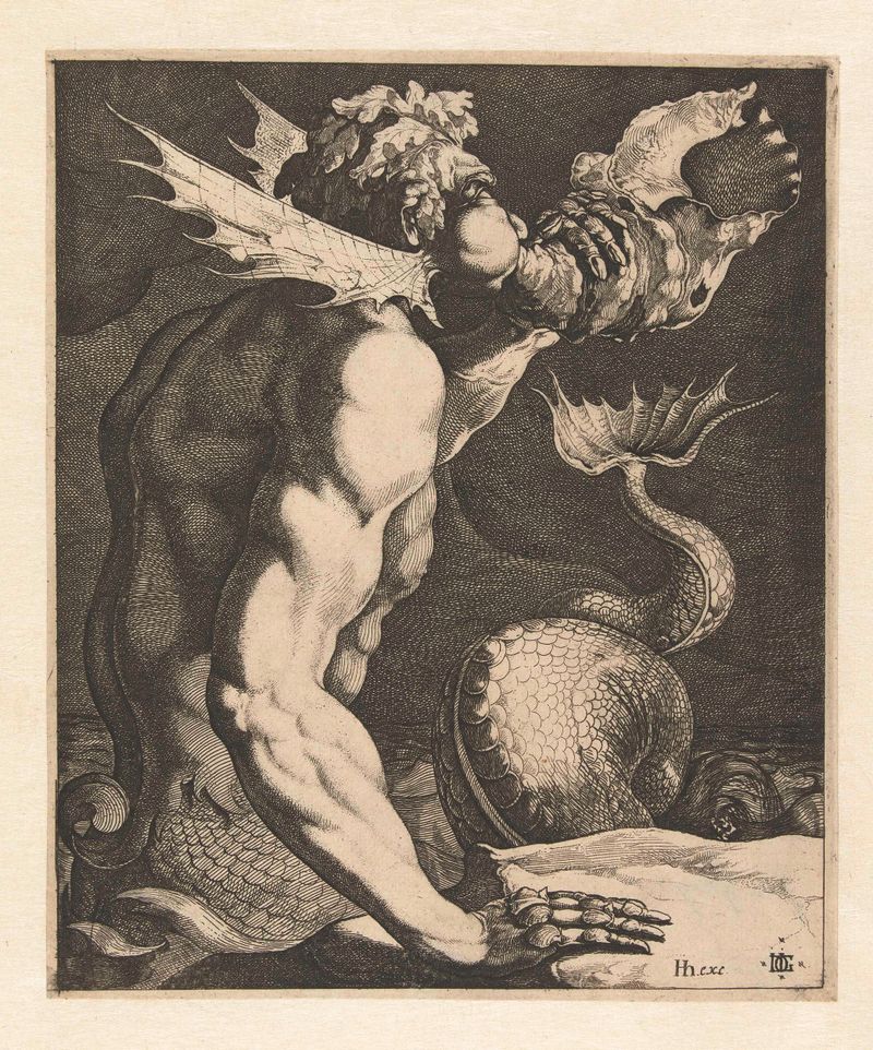 Triton blowing a shell in an etching by Jacques de Gheyn
