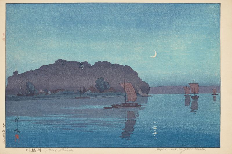 Gravura em madeira de Yoshida Hiroshi representando uma paisagem fluvial com árvores esqueléticas