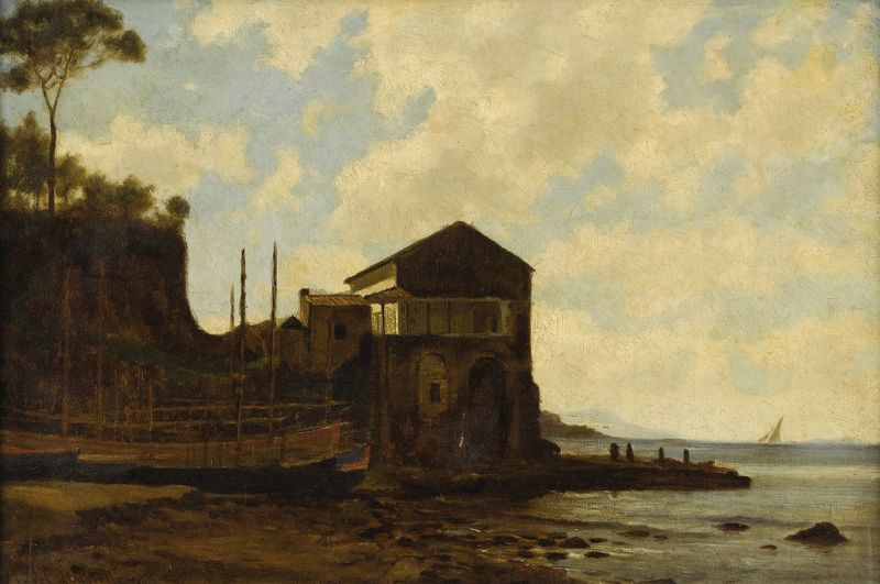 House On The Shore, óleo sobre lienzo de Ernest Wadsworth Longfellow, que representa una tranquila costa al amanecer