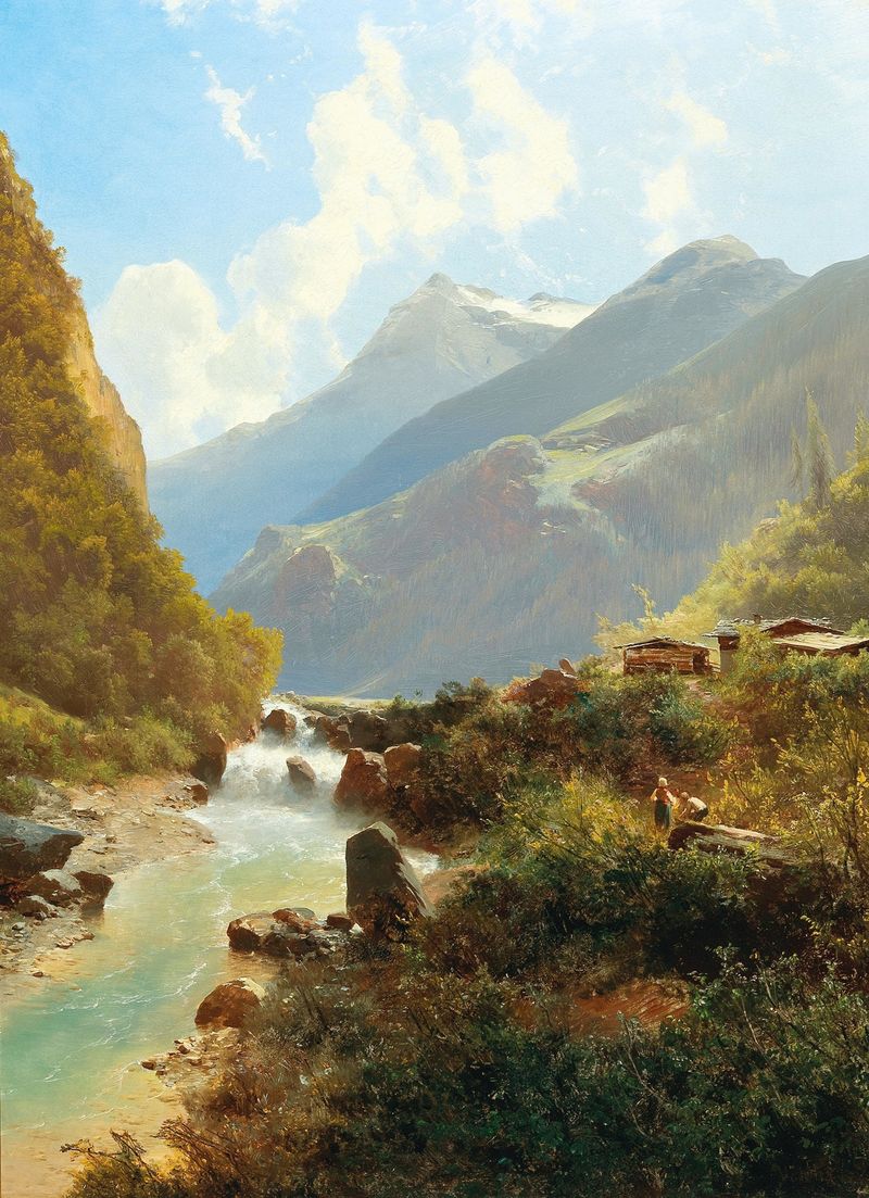 Paisaje que representa un torrente de montaña, pintura al óleo de Leopold Heinrich Vöscher