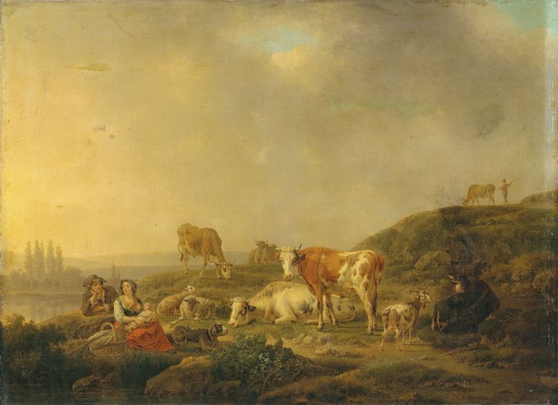 A river landscape with drovers and cattle by Henricus Josephus Antonissen, oil painting