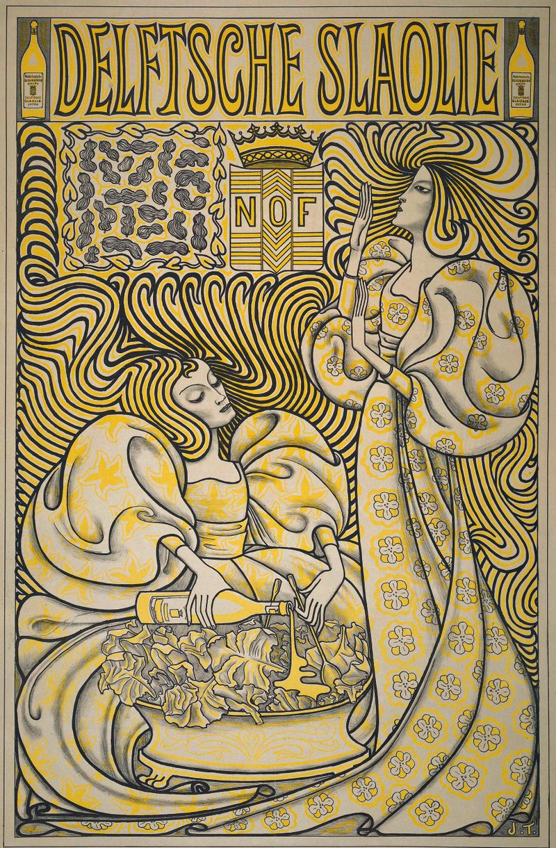 Poster for Delft Salad Oil by Jan Toorop, lithograph depicting women preparing a salad.