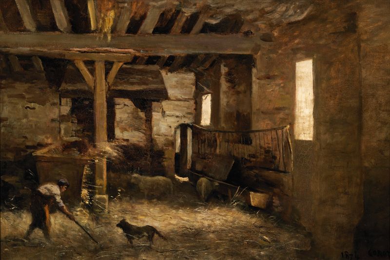 Interior de un granero con herramientas rústicas y luz suave, óleo sobre lienzo de Jean-Baptiste-Camille Corot