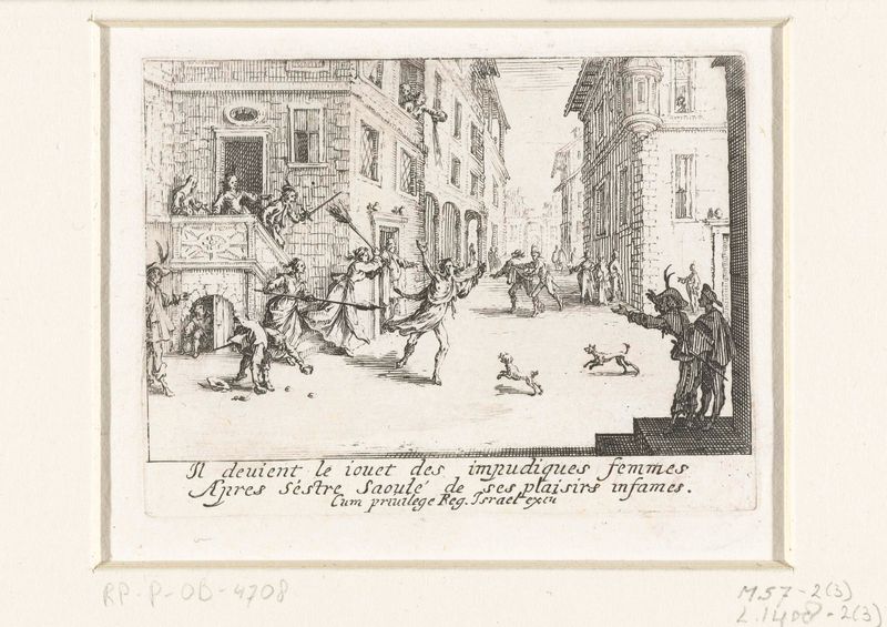 Gravura de Jacques Callot mostrando um filho sendo expulso, destacando tensão e desespero.