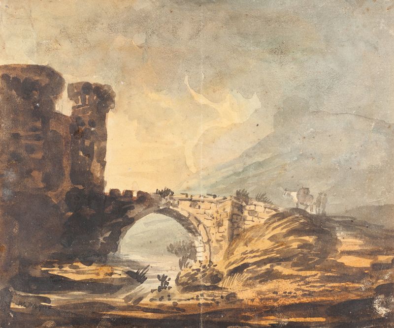 Paisagem com um Castelo e uma Ponte de William Payne, óleo sobre tela que retrata um rio sereno e um castelo.