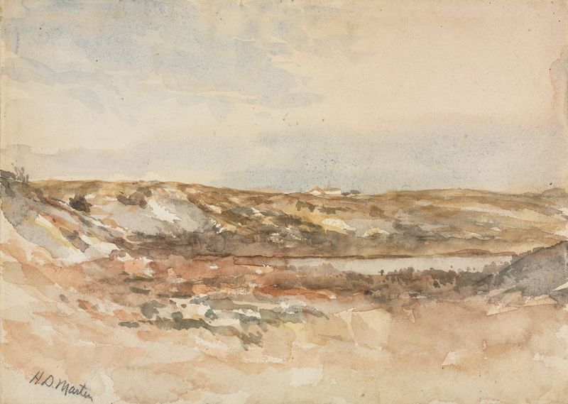 Pintura al óleo de Homer Dodge Martin con suaves colinas y aguas tranquilas.