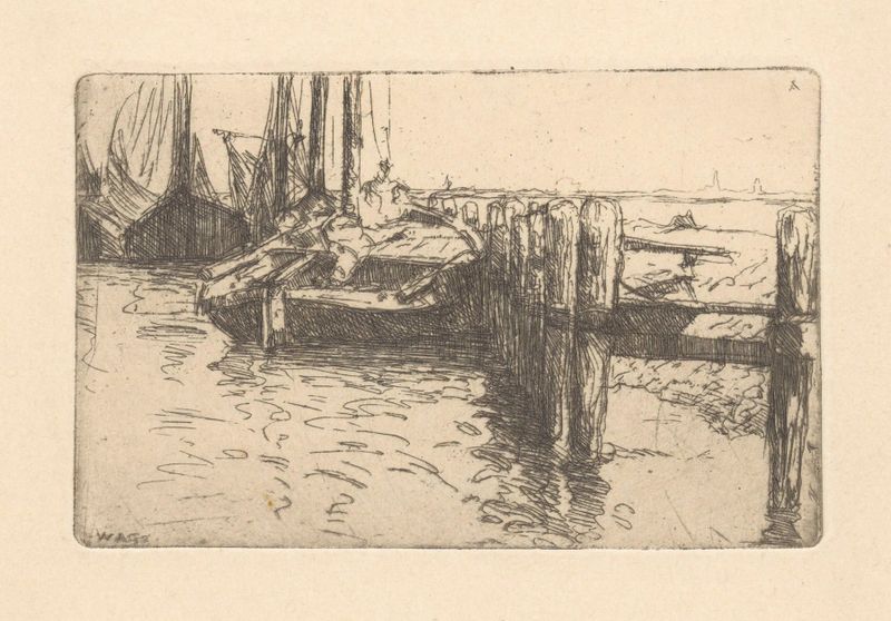 Afgemeerde schuiten de Willem Adrianus Grondhout, óleo sobre lienzo que representa un puerto tranquilo con barcos amarrados.