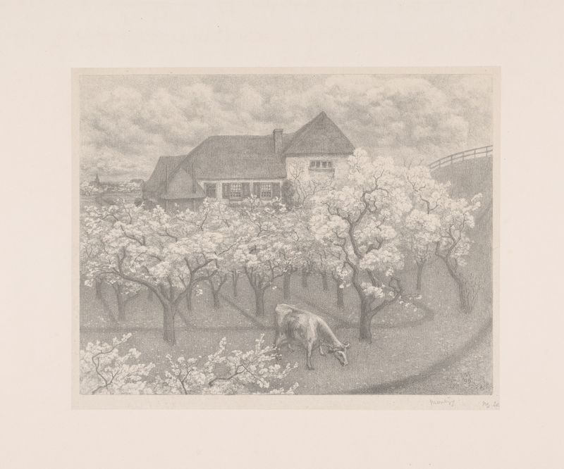 Huerto con árboles en flor en una pintura al óleo de Simon Moulijn