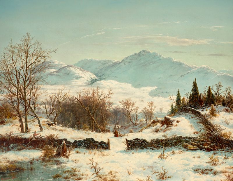 Winter Scene by Louis Remy Mignot, oil painting depicting frosted branches and snow.
