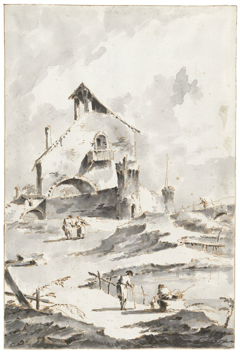 Pintura rococó de Giacomo Guardi mostrando casas e figuras à beira da água
