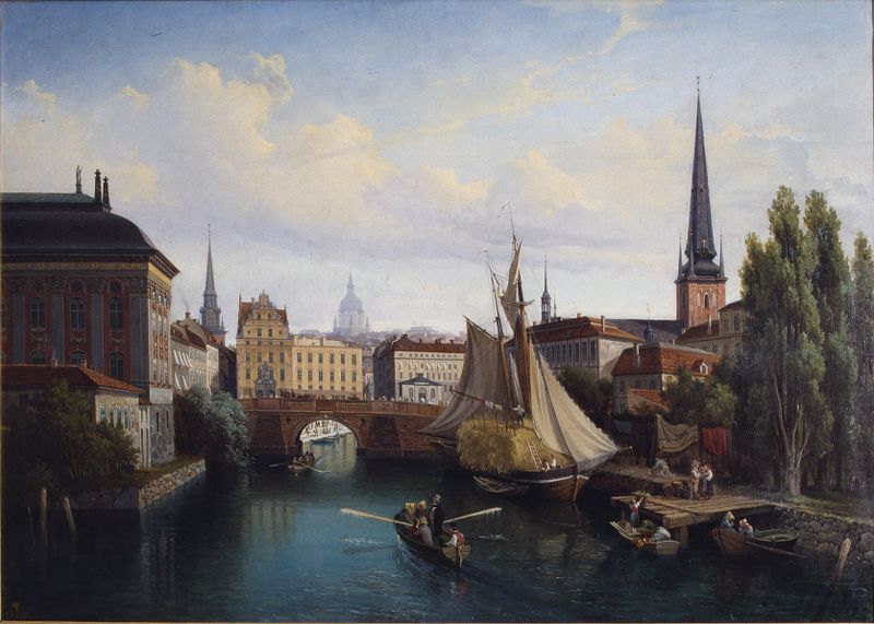 View of the Riddarholmskanalen, oil on canvas by Gustaf Wilhelm Palm