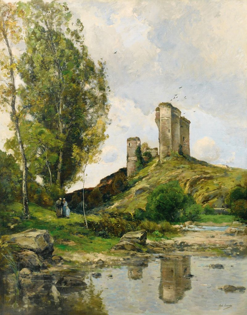 Genre scene depicting peasants and child in a landscape by Paul Lecomte, oil painting.