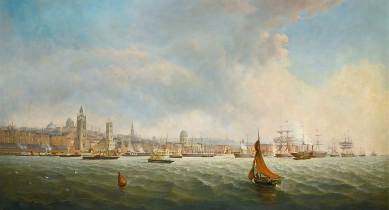 Port Of Liverpool de Thomas Dove, óleo sobre lienzo que muestra un puerto ocupado con barcos y trabajadores.