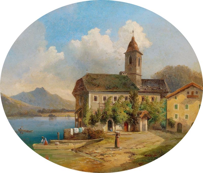 Landscape view of St. Wolfgang, oil on canvas by Edmund Mahlknecht