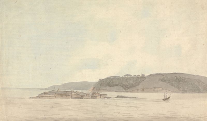 St. Nicholas’s Island off Mount Edgecombe de Capt. Francis Grose, pintura a óleo que retrata uma paisagem marinha.