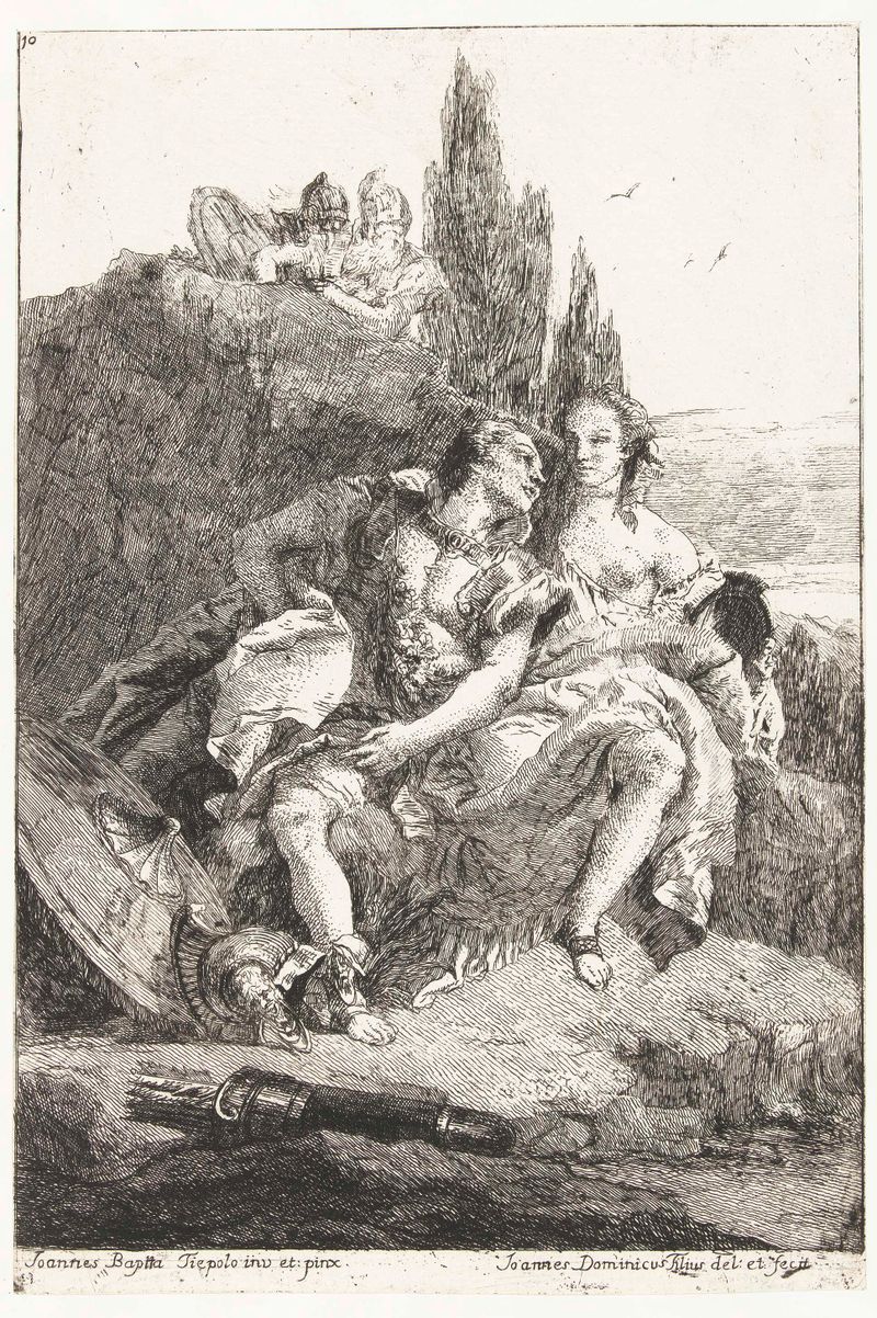 Rinaldo en Armida, etching by Giovanni Domenico Tiepolo, depicting lovers by a lakeside
