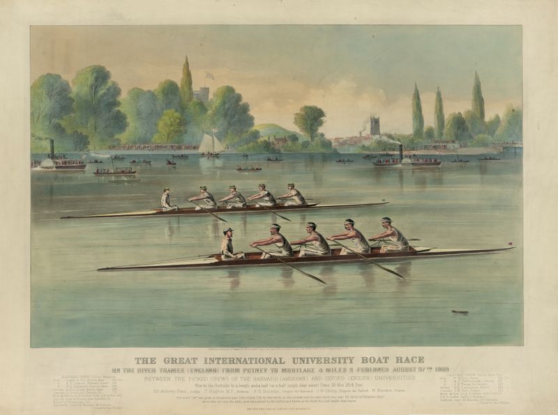 Litografía de Currier & Ives que muestra la Gran Regata Universitaria Internacional en el Támesis