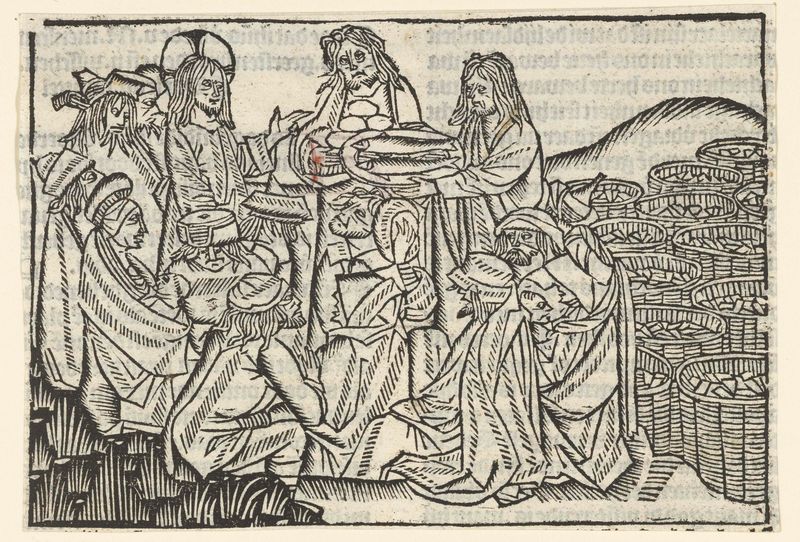 Cena religiosa representando o milagre dos pães e peixes por Master of Delft, meio papel.