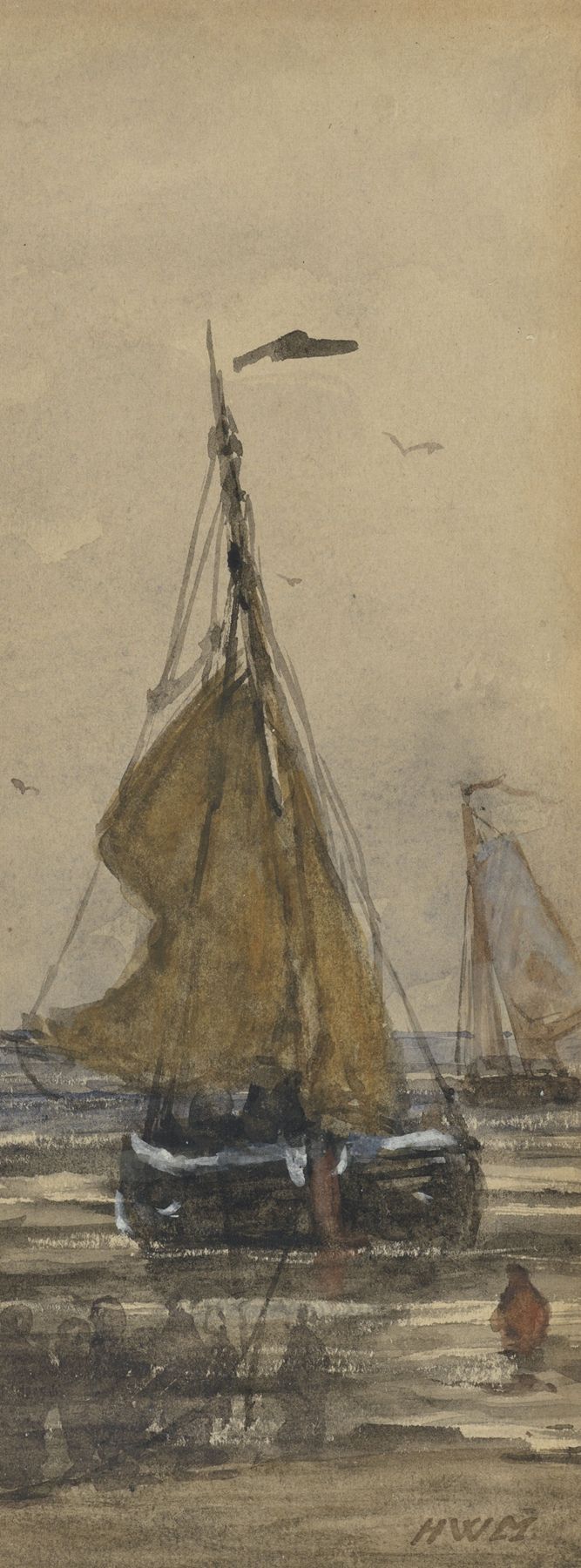 Bomschuit being pulled ashore, oil on canvas by Hendrik Willem Mesdag