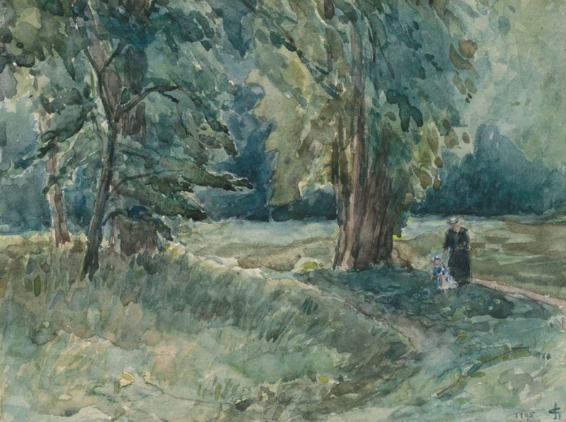Portrait of Mevrouw Storm van ‘s Gravesande with her daughter in a park, oil painting by Carel Nicolaas Storm van 's-Gravesande