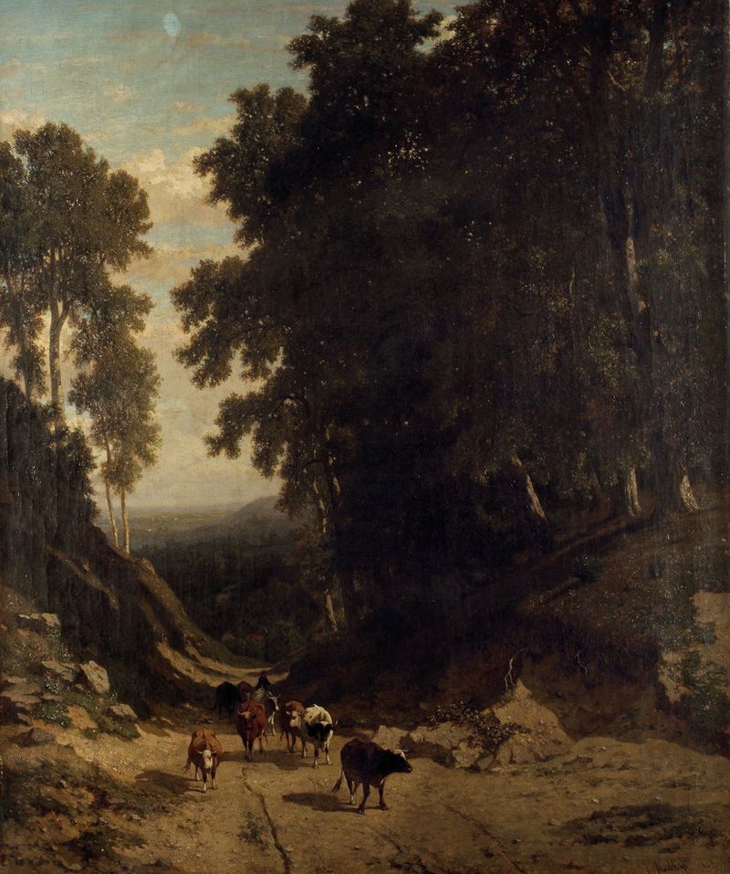 Sunken Road de Frans Keelhoff, pintura al óleo que representa un camino sinuoso a través de la naturaleza.