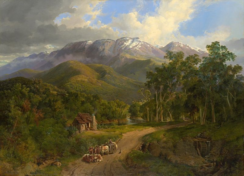 Paisaje de colinas onduladas bajo un cielo azul, óleo sobre lienzo de Nicholas Chevalier