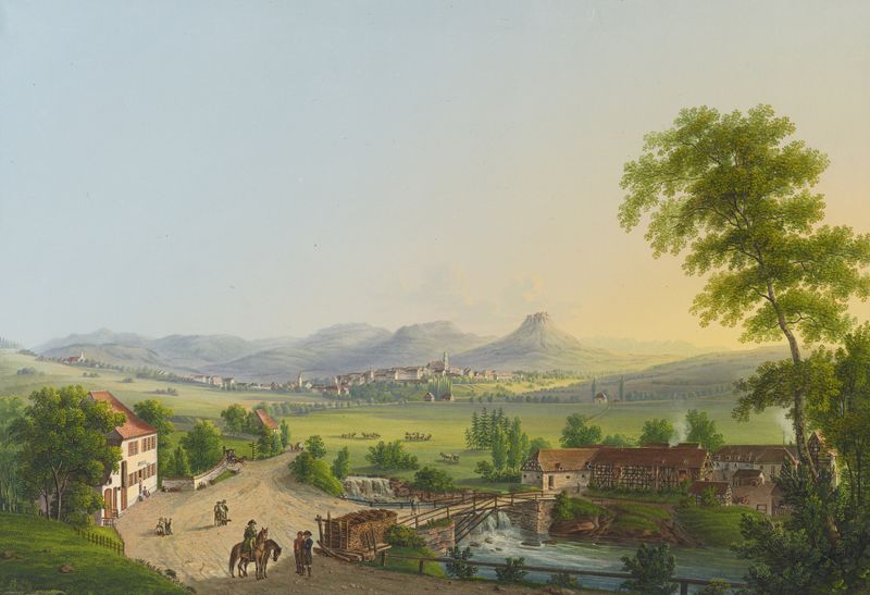 Paisaje que muestra colinas onduladas al anochecer de Johann Heinrich Bleuler the Younger