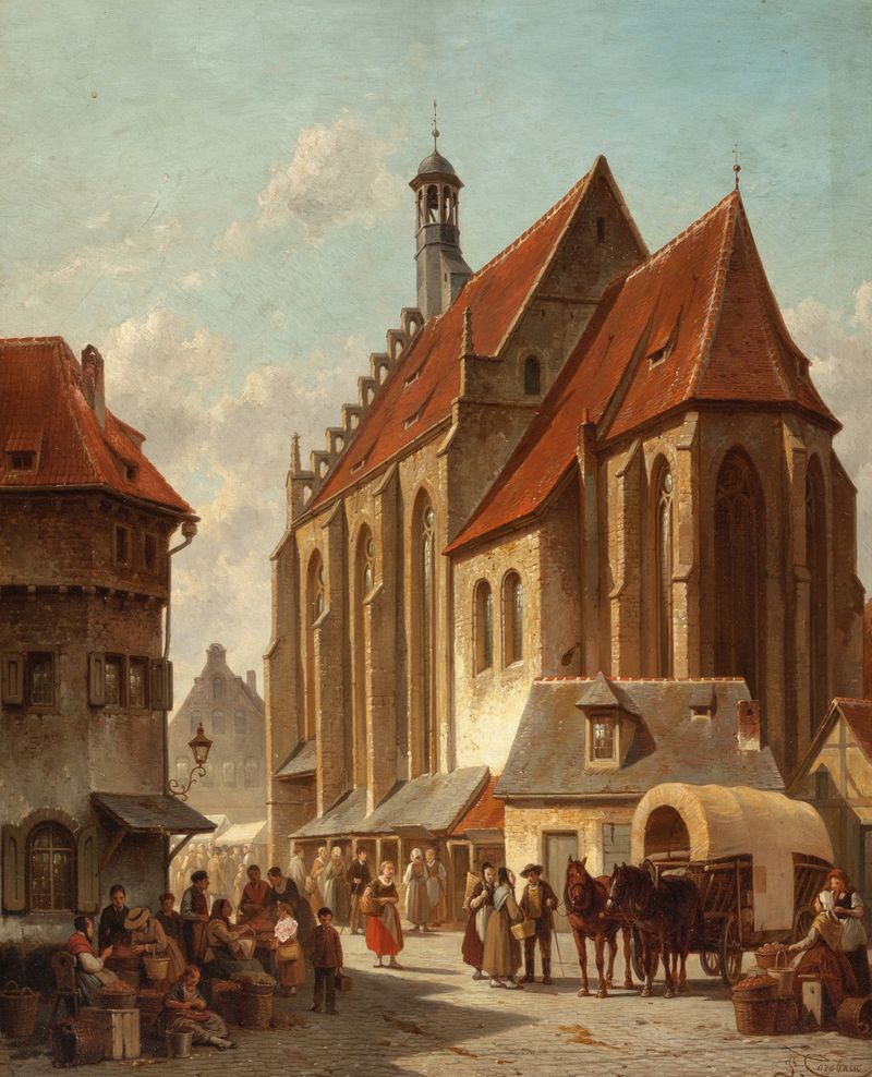 Genre scene of a bustling marketplace by Jacques François Carabain, oil painting.