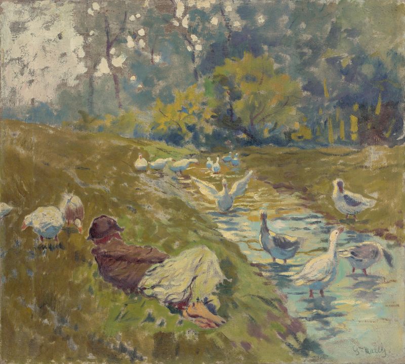 Geese Herder de Gustáv Mallý, óleo sobre lienzo que representa a un pastor con gansos en un entorno natural.