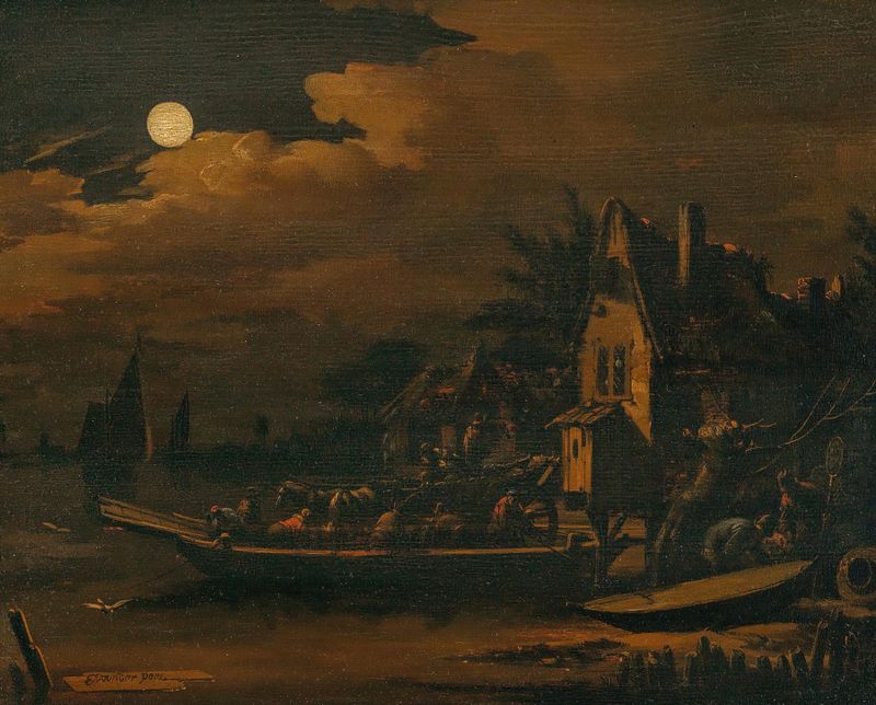 Un paisaje fluvial nocturno con un ferry, óleo sobre lienzo de Egbert van der Poel