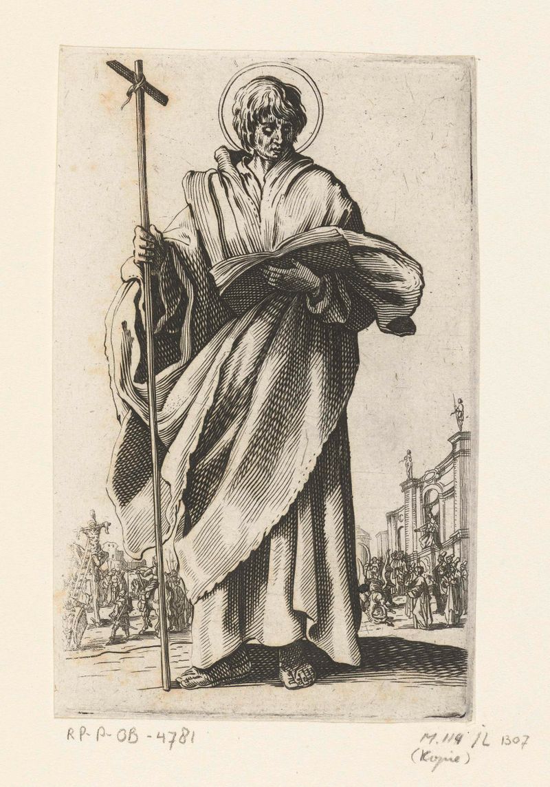 Apostel Filippus, gravura de Unknown Artist, retratando um apóstolo sereno iluminado pela luz divina.