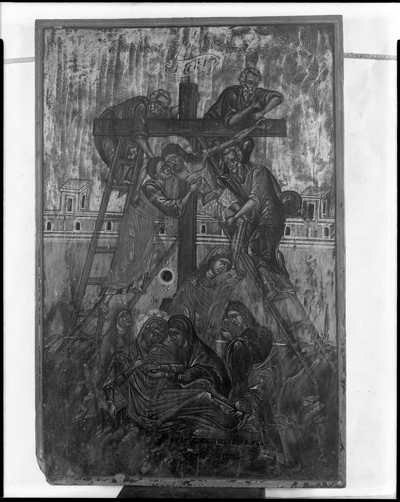 Deposition, oil on panel by an unidentified artist, depicting figures in grief and devotion.