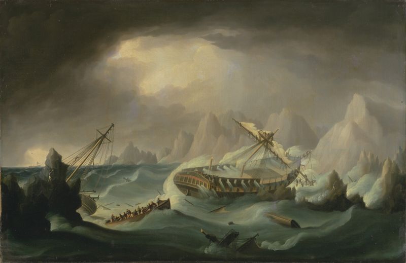 Shipwreck off a Rocky Coast de Thomas Buttersworth, pintura a óleo que mostra um navio em meio a ondas tempestuosas e penh...