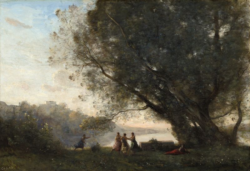 Bailarines bajo los árboles junto al lago, óleo sobre lienzo de Jean-Baptiste-Camille Corot
