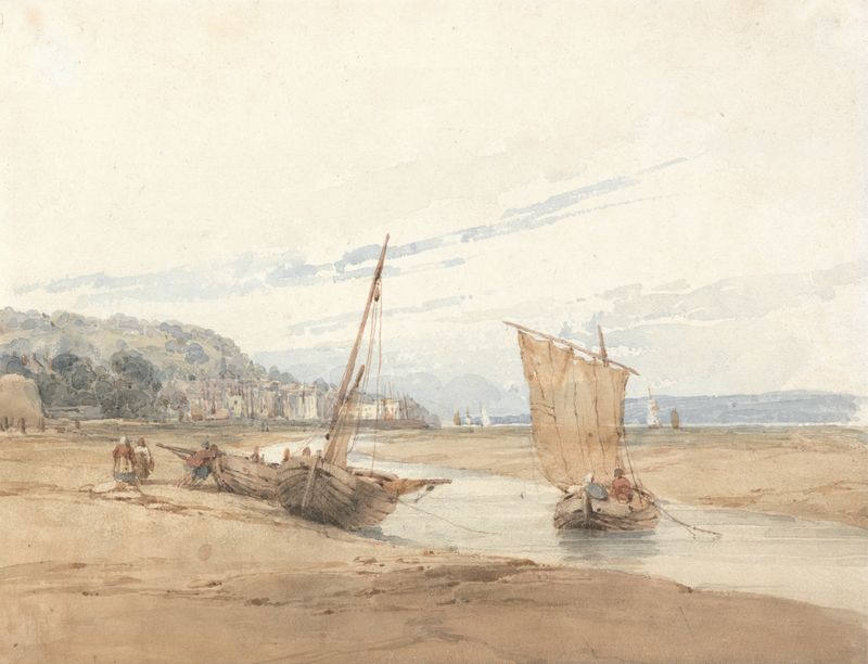 Near Honfleur de Richard Parkes Bonington, pintura a óleo que retrata um rio tranquilo e o céu.