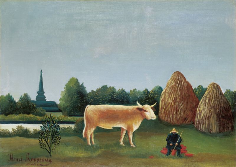 Genre scene with figures in a landscape, oil painting by Henri Rousseau