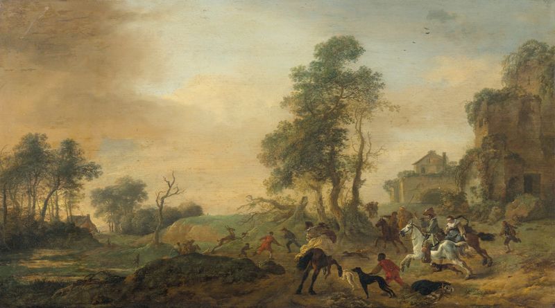 Uma caça ao veado em uma floresta, óleo sobre tela de Philips Wouwerman