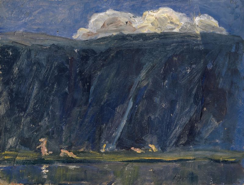 Figuras nuas ao lado de um lago de montanha, pintura a óleo de Ernst Schiess