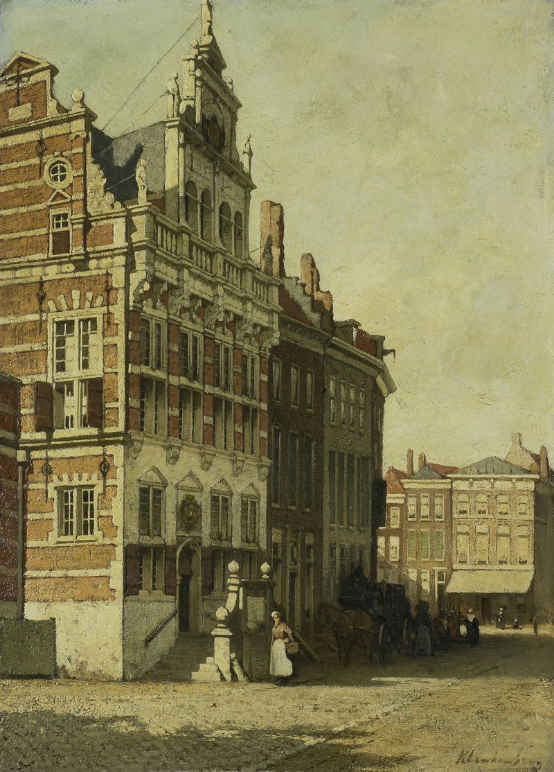 The Town Hall, The Hague by Johannes Christiaan Karel Klinkenberg, impressionism, water reflections