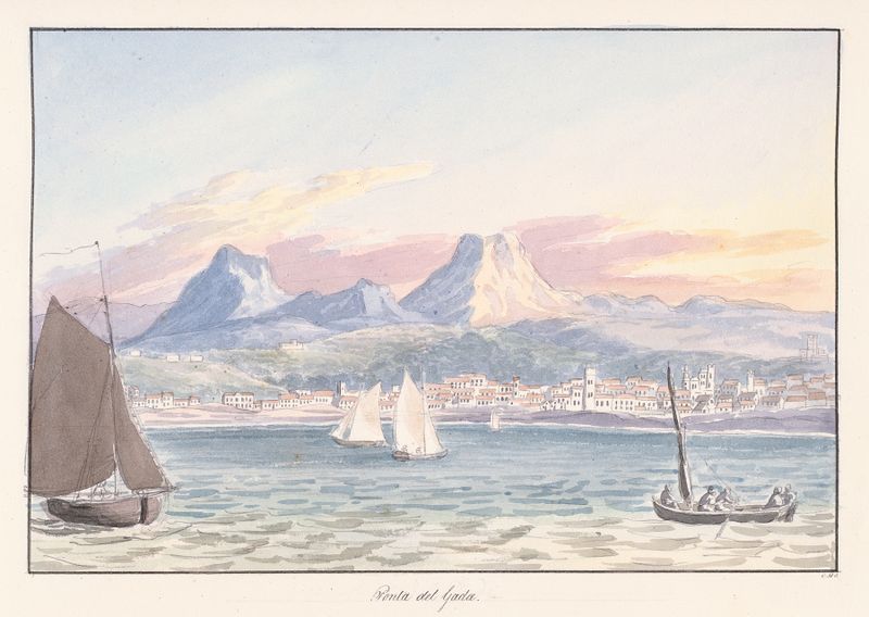 Aquarela de paisagem em papel de Charles Hamilton Smith mostrando um rio e montanhas.