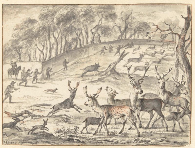 Drijfjacht op herten by Michiel Carree, genre scene depicting hunters in a forest, oil painting.