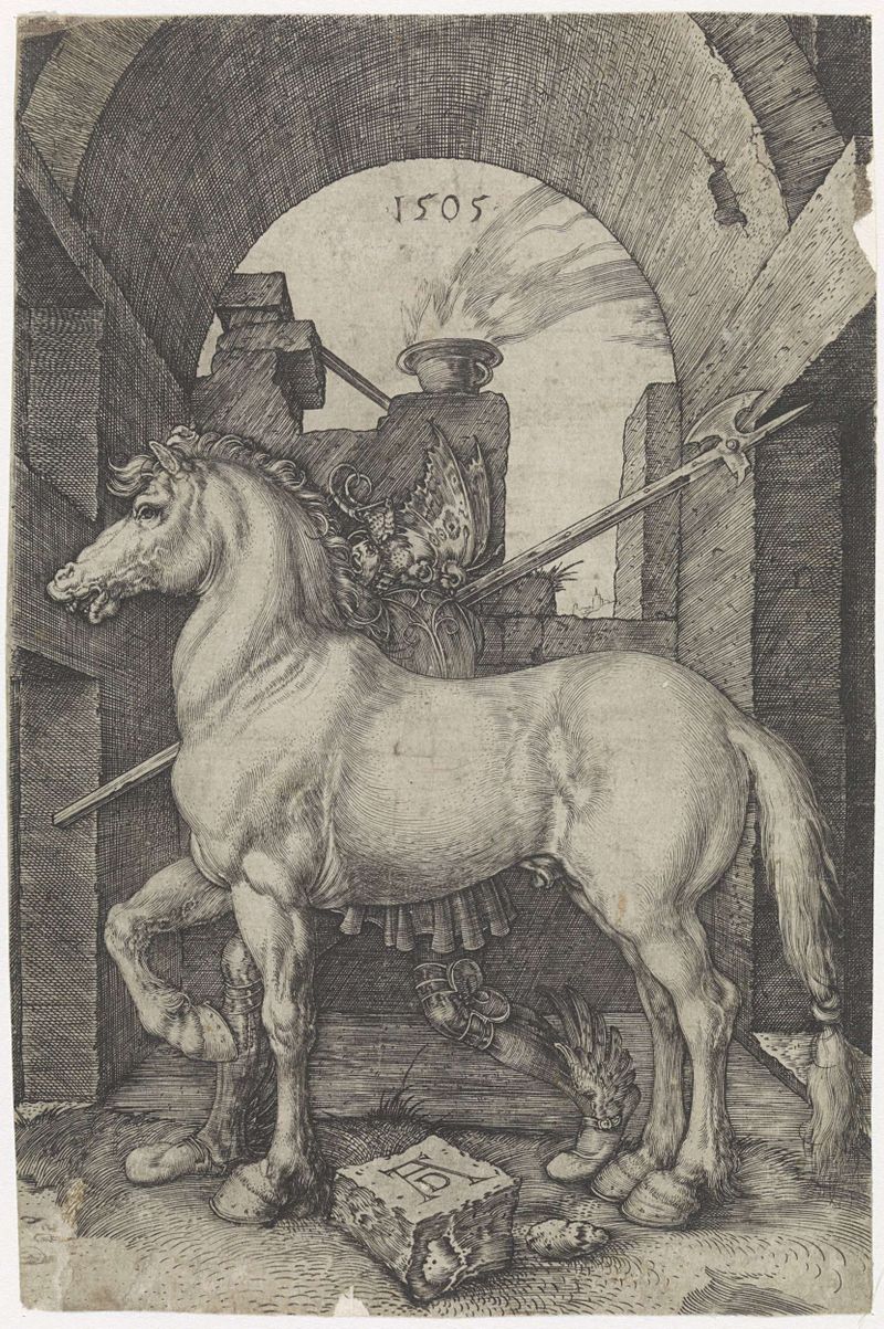 Gravura de Albrecht Dürer representando um cavalo com anatomia detalhada.