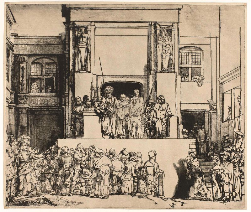 Cristo presentado al pueblo, aguatinta de Rembrandt van Rijn, mostrando a Pilato y una multitud.