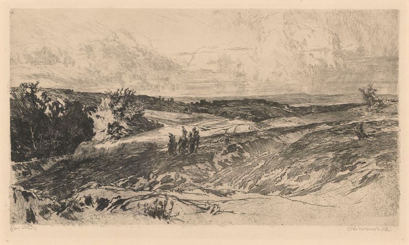 Paisaje sereno con campos verdes y cielo suave, óleo sobre lienzo de Otto Ubbelohde