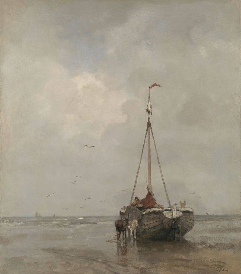 Bluff-bowed fishing boat on the beach at Scheveningen, oil painting by Jacob Maris