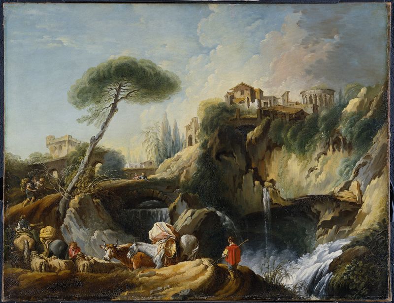 Rococo landscape by François Boucher featuring hills and a temple, oil painting.