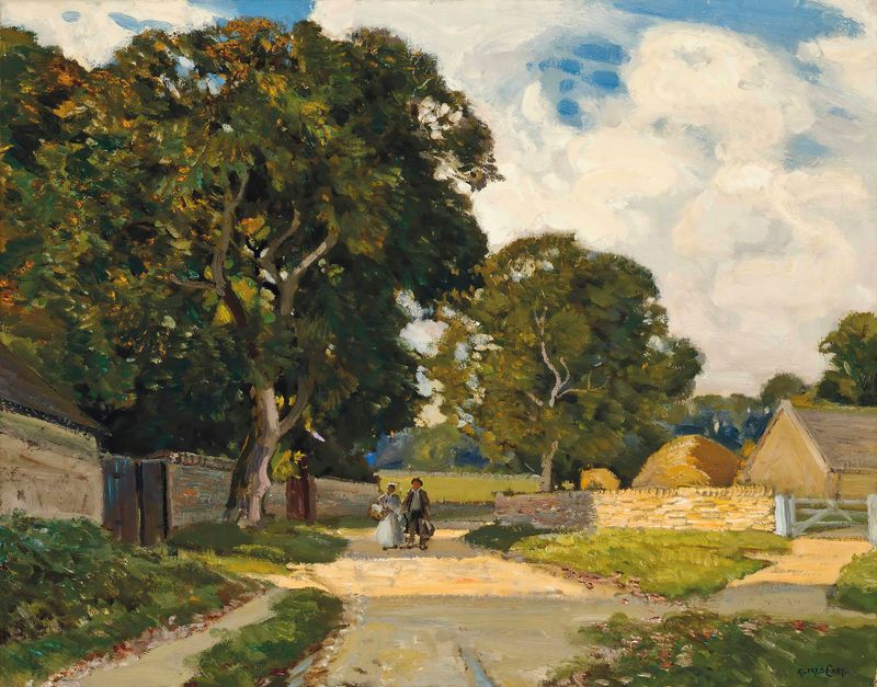Landscape oil painting by Sir Alfred East depicting rolling hills and a distant village.